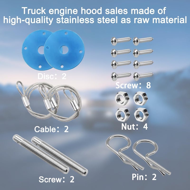 Mandark Car Hood Pins Kit, Stainless Steel Automotive Engine Hood Pin Lock Clip with Racing Lanyard, Vehicle Exterior Engine Cover Lock Accessories, Universal for RV, SUV, Truck (Blue) - Image 2